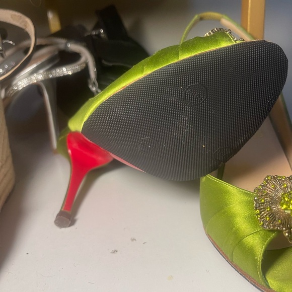 Christian Louboutin Green Satin Peep-Toe Heels - Picture 3 of 3